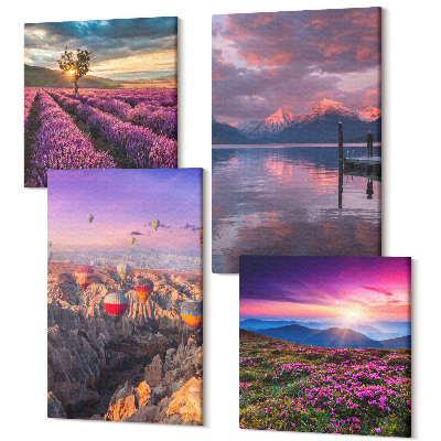 Tablou 4 piese Peisaj cu câmpuri de lavandă și apus de soare