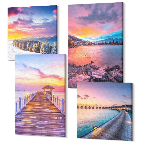 Tablouri canvas set 4 piese Peisaj montan de iarnă cu un dig pe lac
