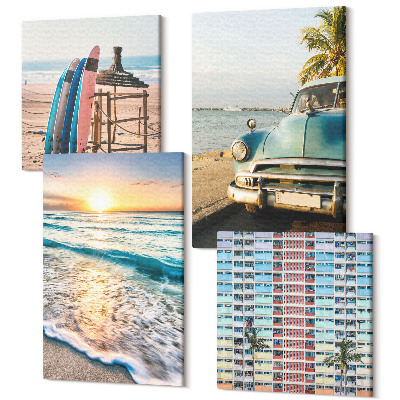 Tablouri canvas set 4 piese Vacanța în Miami vede apusul peste mare