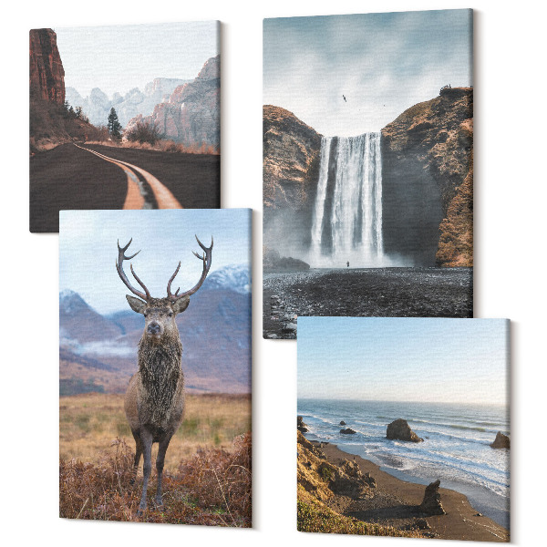 Tablou 4 piese Peisaje montane cu o cascadă, o căprioară și o plajă