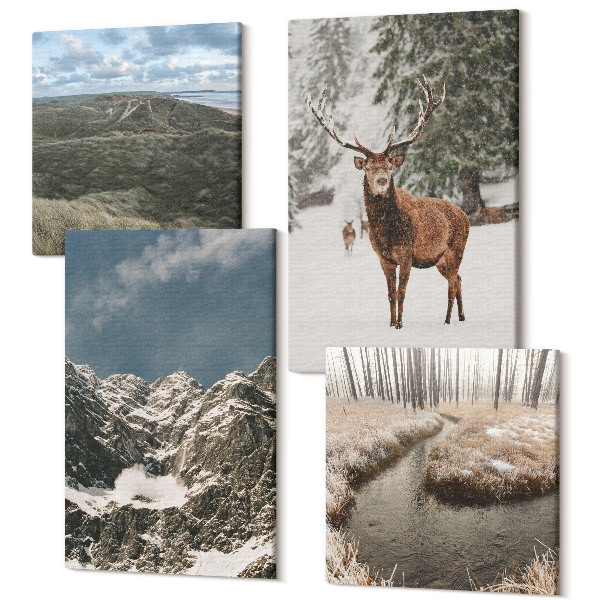 Tablouri canvas set 4 piese Munți cu zăpadă, căprioare în pădure, peisaje