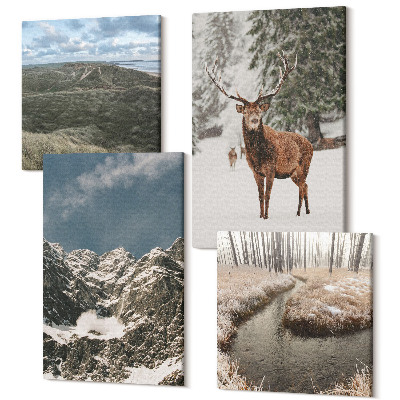 Tablouri canvas set 4 piese Munți cu zăpadă, căprioare în pădure, peisaje