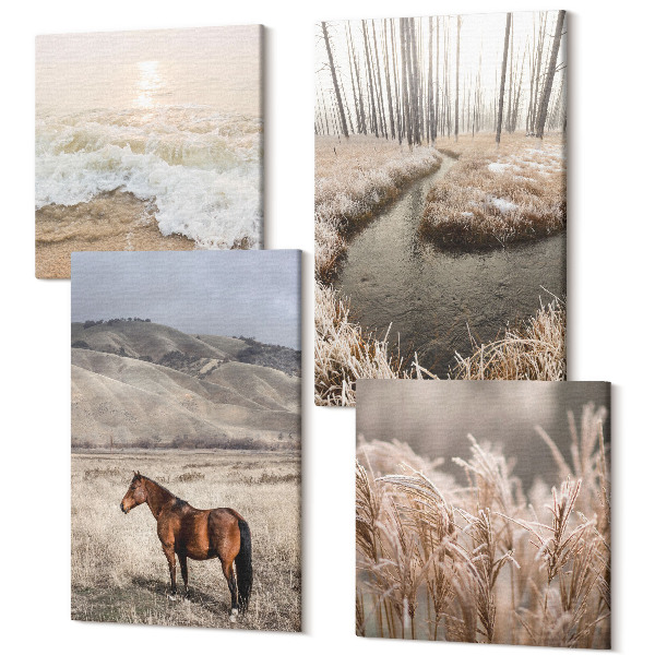 Tablouri multicanvas 4 piese Cai peisaj pădure iarbă de mare și pârâu