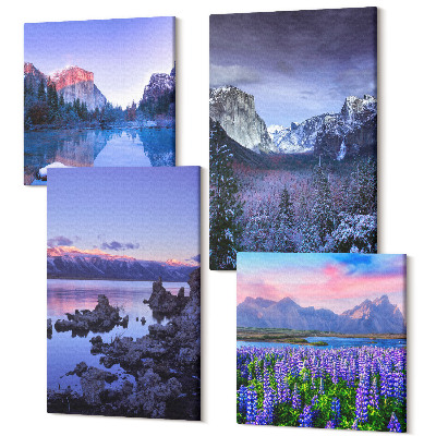 Tablou 4 piese Peisaje montane cu apa, cer si un camp de flori