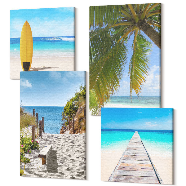 Tablouri canvas set 4 piese Vederi de vacanță la plajă, valuri și palmieri la tropice
