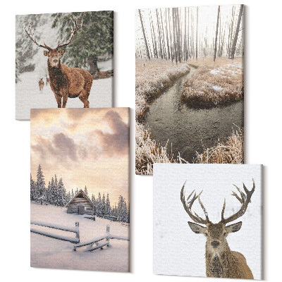 Tablouri multicanvas 4 piese Peisaj de iarnă cu o colibă ​​de căprioare și un pârâu