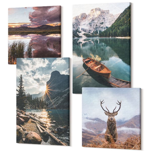 Tablou 4 piese Munte lac barcă apus de soare cerb în natură