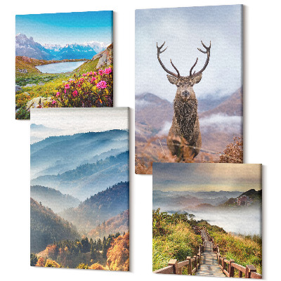 Tablouri canvas set 4 piese Peisaje montane cu un lac și căprioare în natură