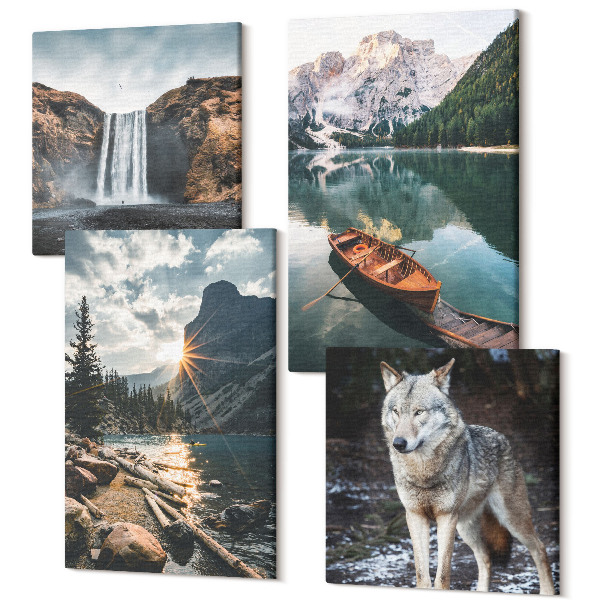 Tablouri canvas set 4 piese Munți, lacuri, cascade și lupi într-un cadru natural