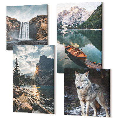 Tablouri canvas set 4 piese Munți, lacuri, cascade și lupi într-un cadru natural