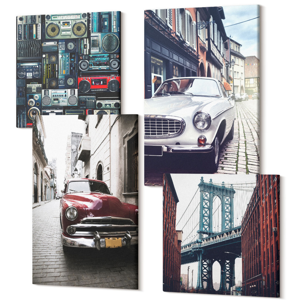 Tablouri canvas set 4 piese Mașini vechi pe strada Podului Brooklyn și echipamente audio retro