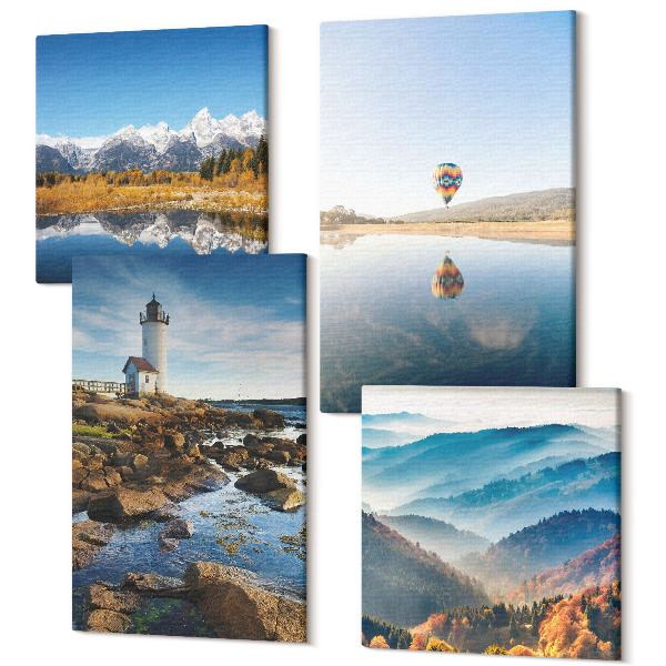 Tablouri multicanvas 4 piese Vederi asupra naturii cu un far, munți, lac și balon