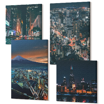 Tablouri canvas set 4 piese Vedere la munte a orașului noaptea cu zgârie-nori