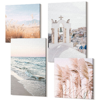 Tablou 4 piese Plante de pe litoral, valuri de mare, vedere la case albe