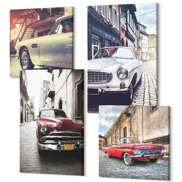 Tablouri canvas set 4 piese Mașini clasice pe străzile orașului în diferite culori