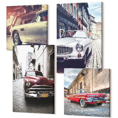 Tablouri canvas set 4 piese Mașini clasice pe străzile orașului în diferite culori