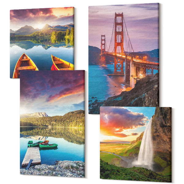 Tablouri canvas set 4 piese Vederi la munte cu lacuri, bărci, pod, cascadă