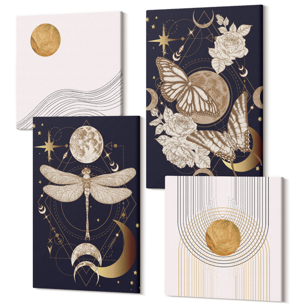 Tablou 4 piese Motive ale naturii cu luna, spațiul și florile