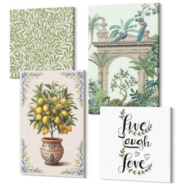 Tablouri canvas set 4 piese Litere cu frunze verzi și plante exotice lămâi