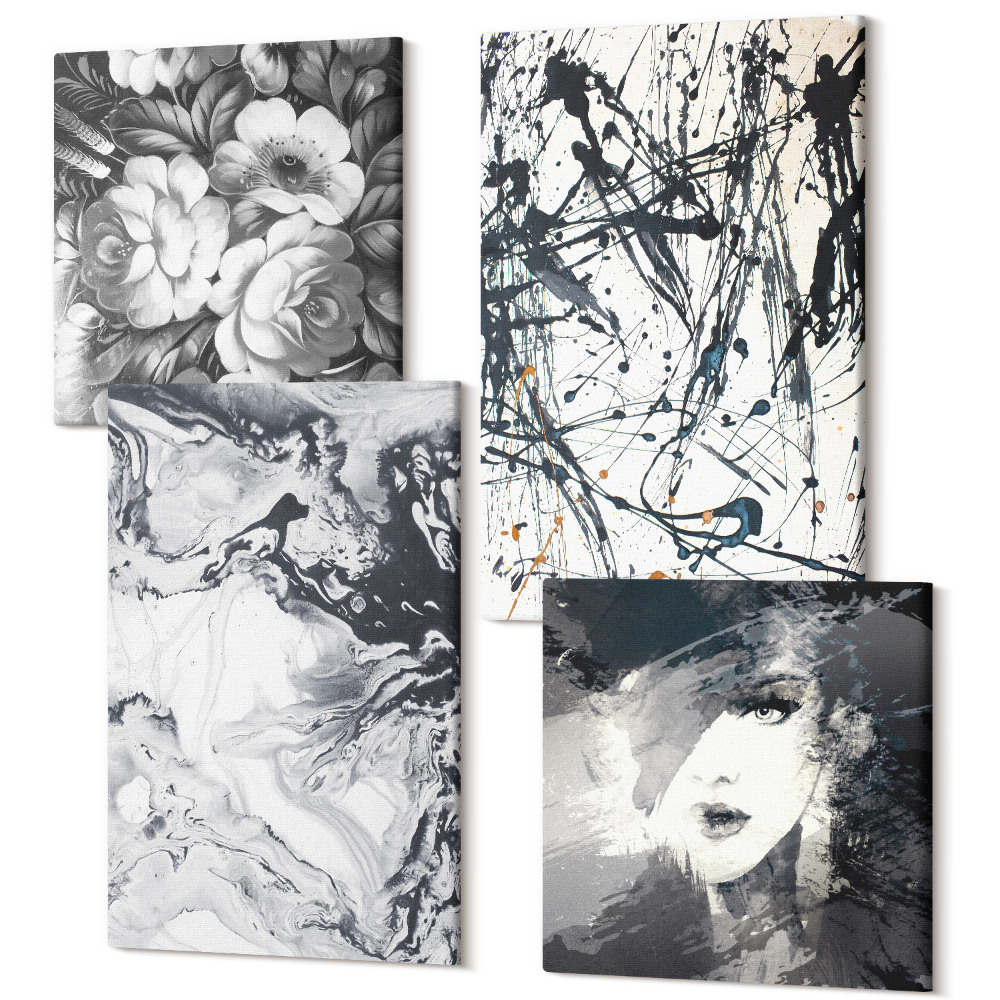 Tablou 4 piese Modele abstracte în nuanțe de alb și negru