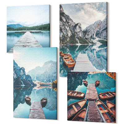 Tablouri multicanvas 4 piese Un lac liniștit cu cheiuri și bărci de lemn