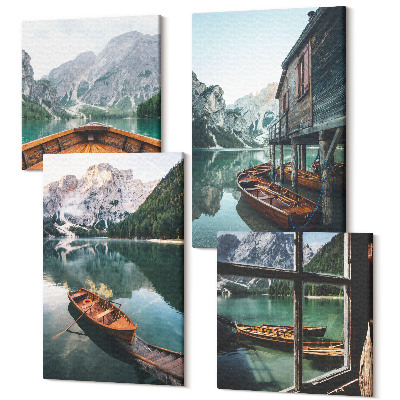Tablou 4 piese Vedere la un lac de munte cu bărci și o casă lângă apă