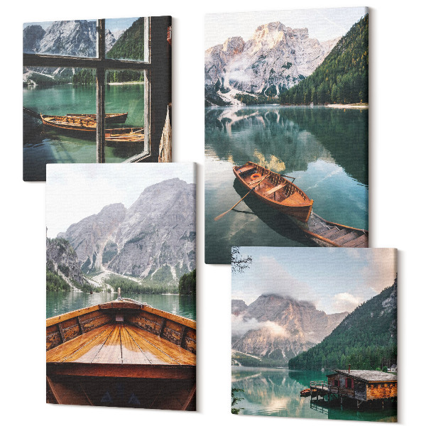 Tablouri canvas set 4 piese Vedere asupra unui lac de munte cu bărci, o colibă și o fereastră