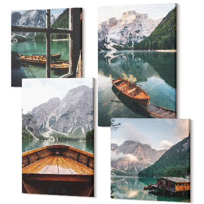 Tablouri canvas set 4 piese Vedere asupra unui lac de munte cu bărci, o colibă și o fereastră