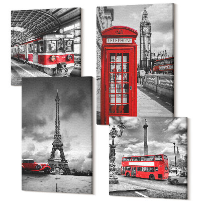 Tablouri multicanvas 4 piese Orașe emblematice Londra Paris și transportul feroviar