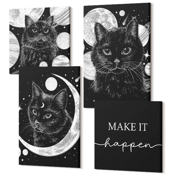 Tablou 4 piese Pisici negre pe fundalul lunii și planetelor din spațiu