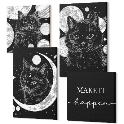 Tablou 4 piese Pisici negre pe fundalul lunii și planetelor din spațiu