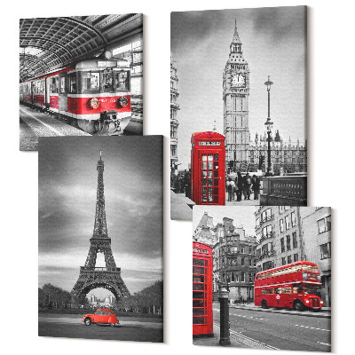 Tablouri canvas set 4 piese Autobuze roșii în peisajul urban