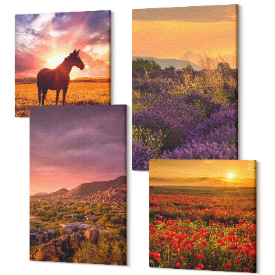 Tablou 4 piese Peisaje montane cu cai și câmpuri de lavandă