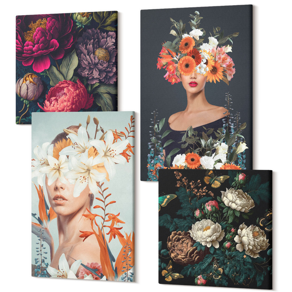 Tablouri canvas set 4 piese Portrete florale cu buchete și frunze colorate