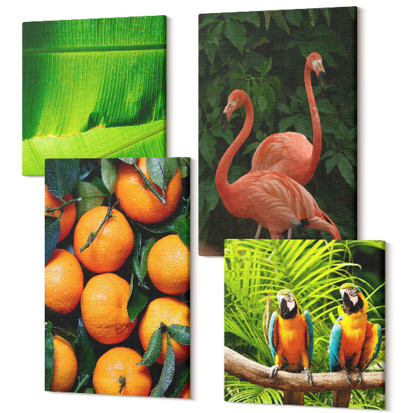 Tablouri multicanvas 4 piese Accente fructate cu papagali și flamingo la tropice