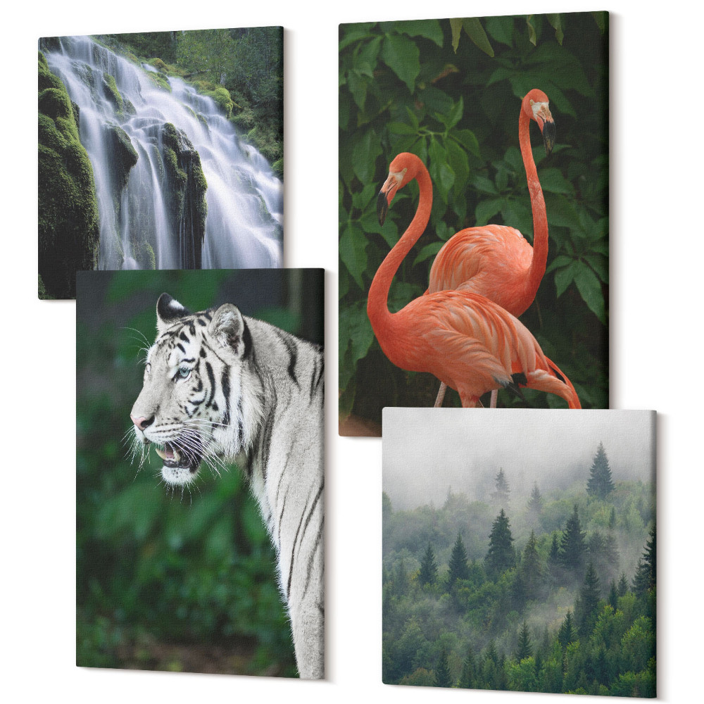 Tablou 4 piese Cascada de tigru și flamingo roz în natură