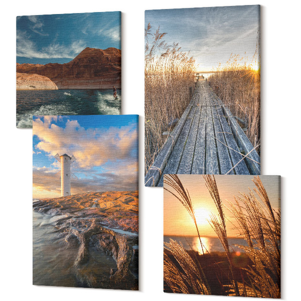 Tablouri canvas set 4 piese Vedere a farului de lângă mare, iarbă și un dig de lemn