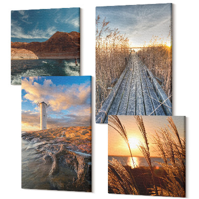 Tablouri canvas set 4 piese Vedere a farului de lângă mare, iarbă și un dig de lemn