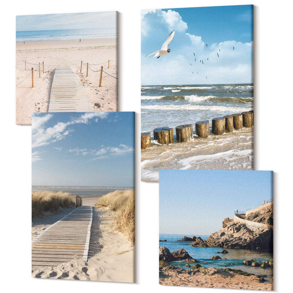 Tablouri multicanvas 4 piese Plaja cu nisip, valuri, cer si pasari in zbor