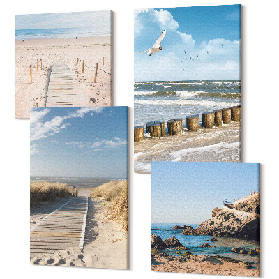 Tablouri multicanvas 4 piese Plaja cu nisip, valuri, cer si pasari in zbor