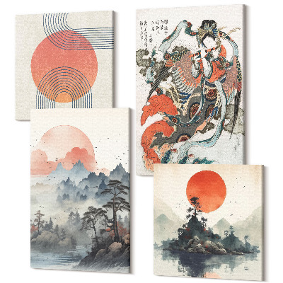 Tablou 4 piese Picturi de peisaj asiatic și portrete în stilul Japandi