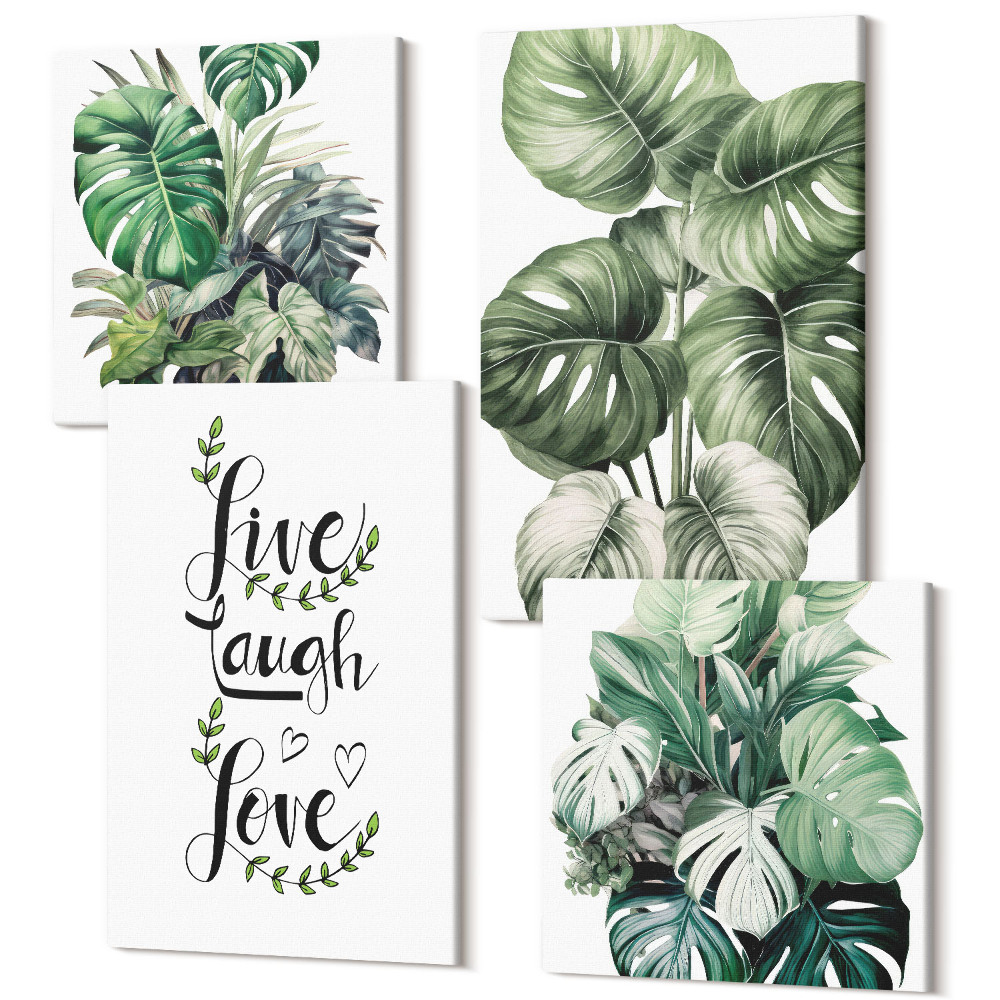 Tablou 4 piese Plante cu frunze cu cuvintele trăiesc, râzi, iubesc