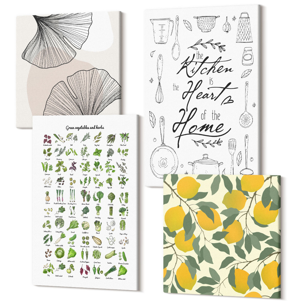Tablouri multicanvas 4 piese Listă de ierburi, semn de bucătărie și lămâi pictate