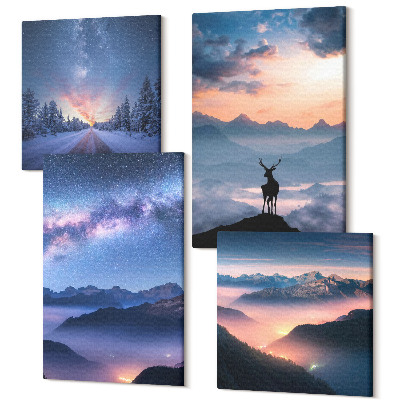 Tablou 4 piese Cer de noapte, munți, peisaje în ceață și căprioare