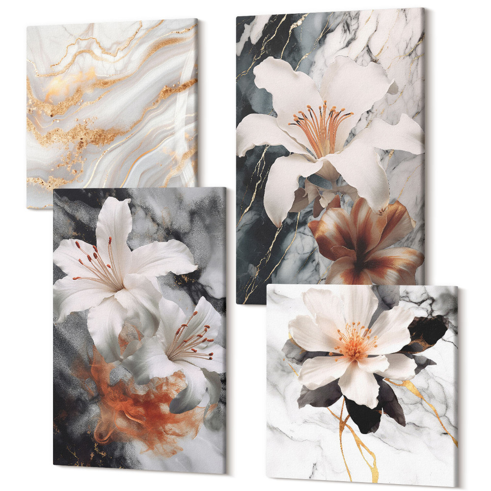 Tablouri canvas set 4 piese Flori pe fond de marmură în nuanțe de alb și negru