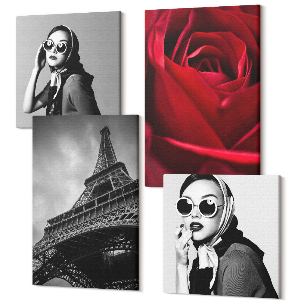 Tablouri multicanvas 4 piese Pariziancă cu ochelari de trandafir și Turnul Eiffel