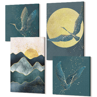Tablouri canvas set 4 piese Păsări macara în zbor, lună, stele și peisaj montan