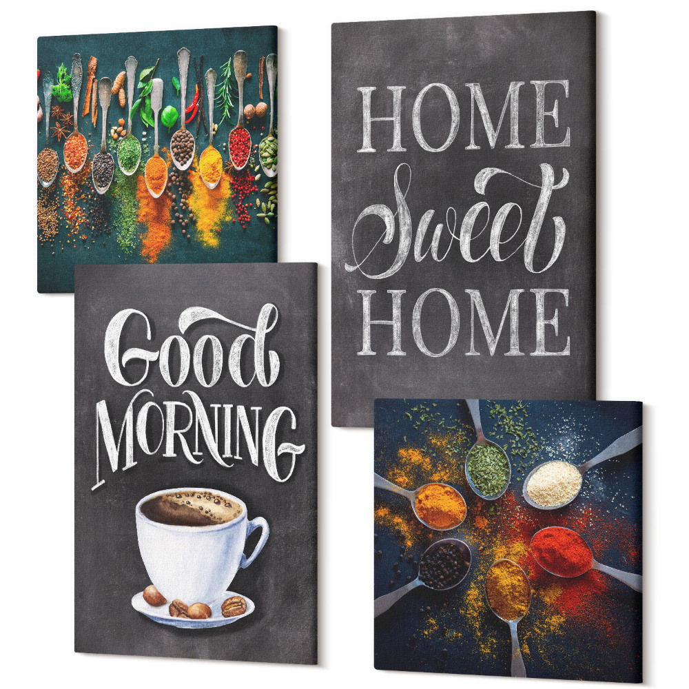 Tablou 4 piese Condimente cafeaua cu o ceașcă ierburi de bucătărie condimente