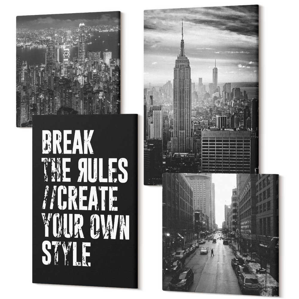 Tablouri canvas set 4 piese Străzile orașului în alb și negru, cu o inscripție inspirată