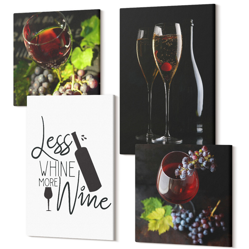 Tablouri canvas set 4 piese Pahare de vin cu struguri și o inscripție despre vin